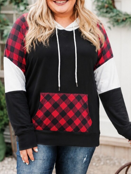 Tops - Black Red Buffalo Plaid Colorblock Hoodie XXL